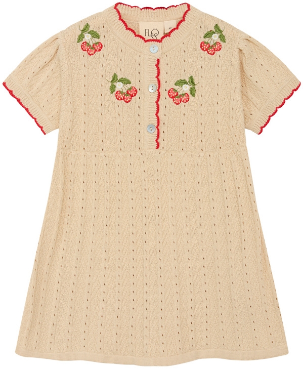 Flöss Kjole Faye Dress WarmCotton/Rouge - strik kjole med broderede jordbær