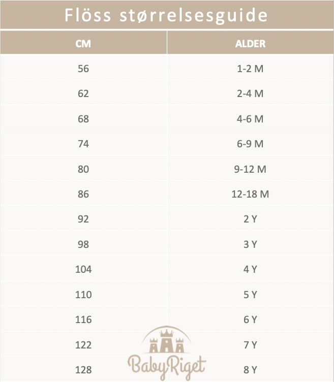 Flöss størrelsesguide - se hvordan børnetøjet fra Flöss er i størrelsen