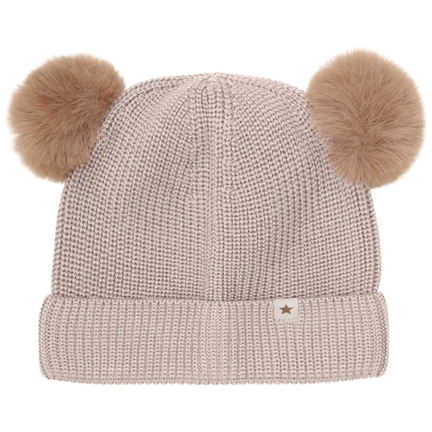 Huttelihut Hue Beanie Uldstrik med Alpaka Kvaster - Camel Melange