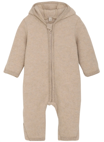 Huttelihut Ulddragt med ører - Camel Melange i sandfarve