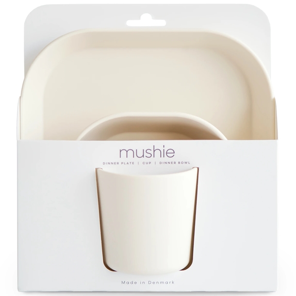 Mushie Spisesæt - Firkantet - Ivory - børneservice bestående af tallerken, skål og kop