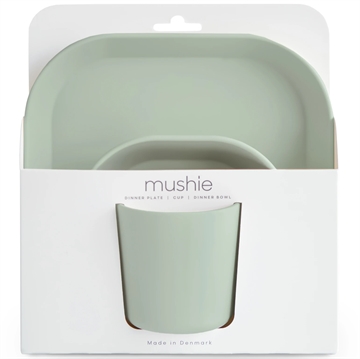 Mushie Spisesæt - Firkantet - sage - børneservice bestående af tallerken, skål og kop