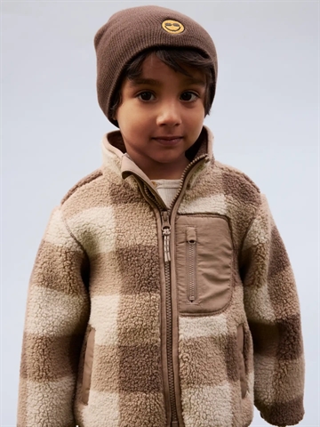 Name It Fleece Jakke - nmmMonico Sherpa Check - Fossil - teddyjakke med tern i beige og brun
