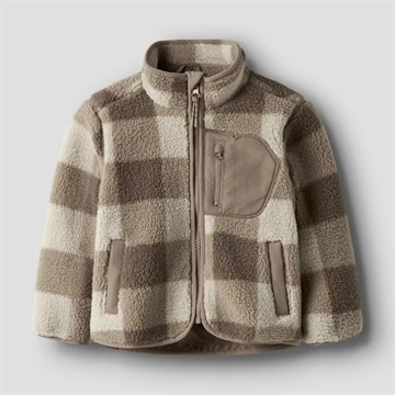 Name It Fleece Jakke - nmmMonico Sherpa Check - Fossil - teddyjakke med tern i beige og brun