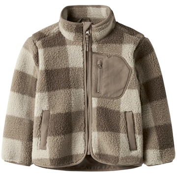 Name It Fleece Jakke - nmmMonico Sherpa Check - Fossil - teddyjakke med tern i beige og brun