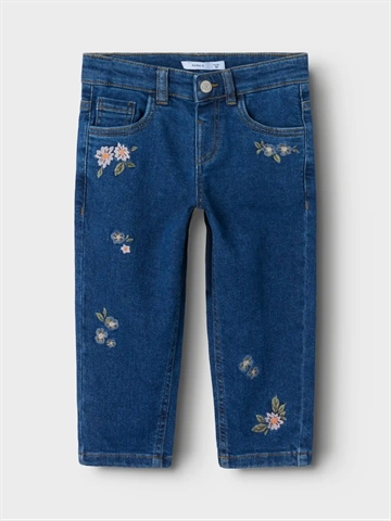 Name It Jeans Bella - Dark Blue Denim - Flower - med broderede blomster