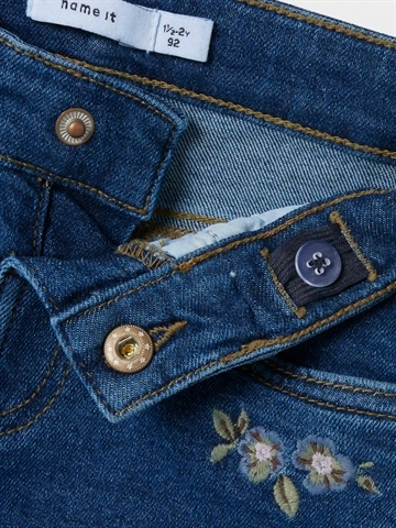 Name It Jeans Bella - Dark Blue Denim - Flower - med broderede blomster