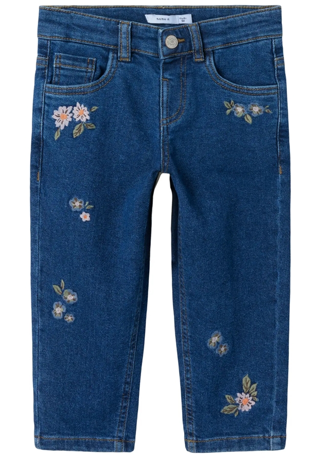 Name It Jeans Bella - Dark Blue Denim - Flower - med broderede blomster