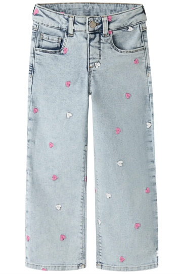 Name It Jeans - NMFROSE WIDE - Light Blue Bleached Denim - med broderede hjerter