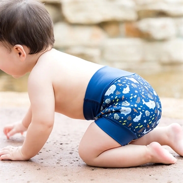 Splash About Blebadebukser - Happy Nappy - Shark Reef i mørkeblå med print med hajer