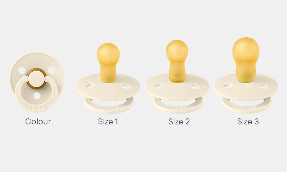 Visuel Bibs størrelsesguide: Sammenligning af suttedelen på Bibs størrelse 1, 2 og 3