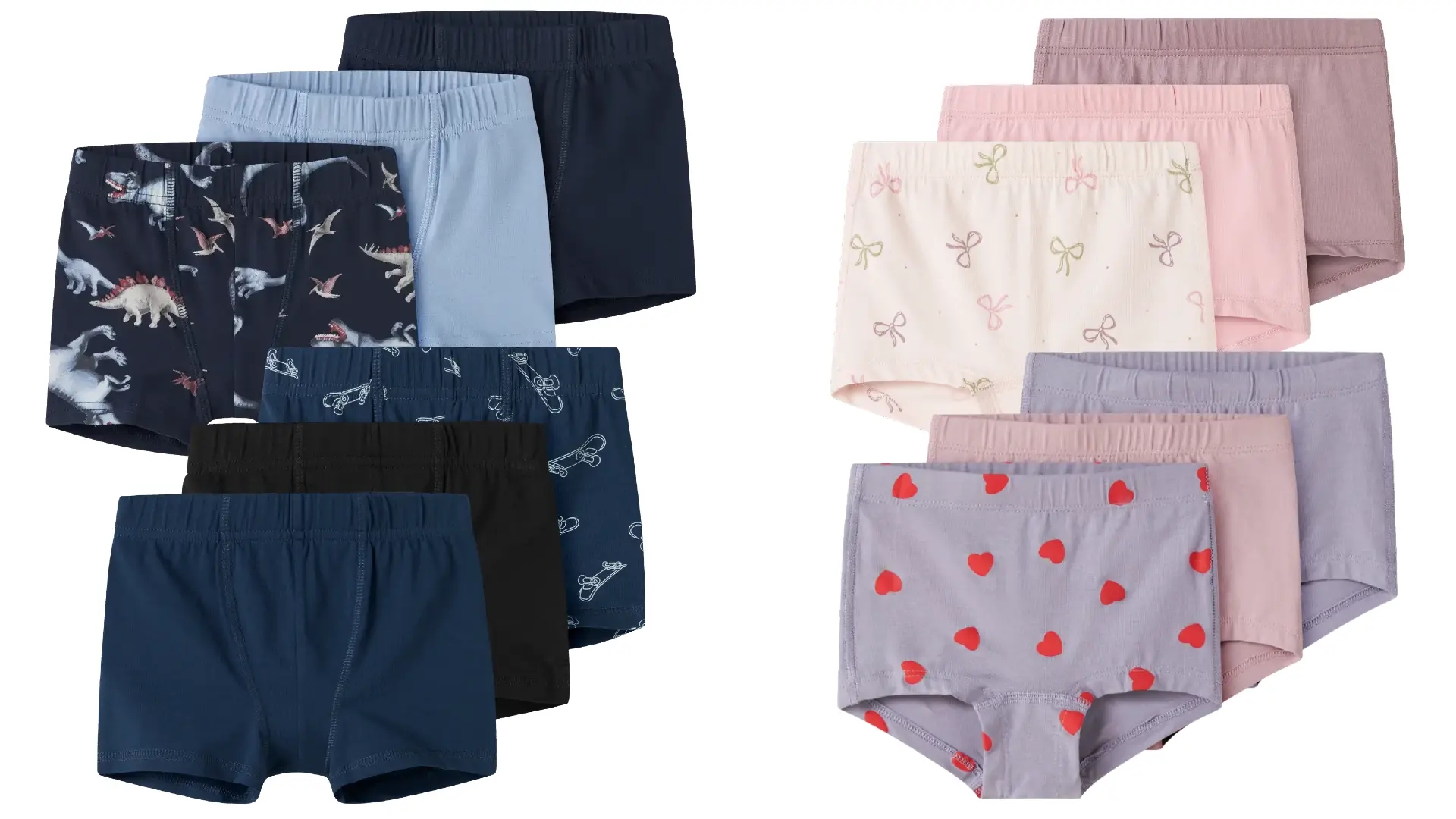 Name It underbukser laves i forskellige modeller. De mest populære er boxershorts til drenge og hipsters/tights til piger